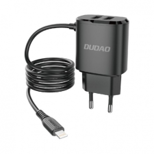 DUDAO A2ProL 2x USB hálózati töltő adapter + Lightning kábel 12W, fekete mobiltelefon kellék