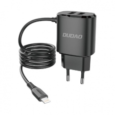 DUDAO A2ProL 2x USB  hálózati töltő adapter + Lightning kábel 12W, fekete mobiltelefon kellék