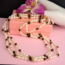  Édesvízi gyöngy és Gránát 3 soros nyaklánc ékszer szett