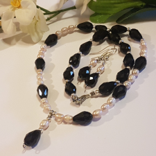  Édesvízi tenyésztett gyöngy és kristály  nyaklánc  + fülbevaló ékszer szett