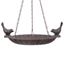 Esschert Design Felakasztható öntöttvas madáretető és itató, két kismadárral etető, itató madaraknak