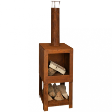 Esschert Design FF298 rozsdaszínű kültéri kandalló tűzifatárolóval kályha, kandalló