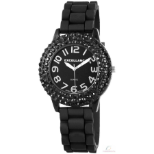 Excellanc szlikon szíjas női karóra fekete kristály díszítéssel, fekete (36 mm) karóra
