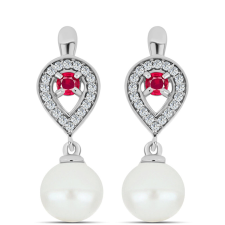  Ezüst Fülbevaló Madagaszkári Rubinnal és Fehér Édesvízi Kagylógyönggyel, Y62163 fülbevaló