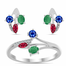  Ezüst Szett Madagaszkári Rubinnal és Brazil Smaragddal ( Fülbevaló+Gyűrű ), Y62134/54 gyűrű