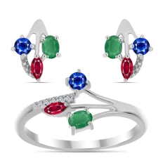  Ezüst Szett Madagaszkári Rubinnal és Brazil Smaragddal ( Fülbevaló+Gyűrű ), Y62134/59 gyűrű