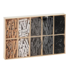  Fa dekorációs csipesz, 200 db-os (natúr + fehér + szürke) fajáték