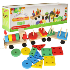 Fa szortírozó ügyességi puzzle vonat mozdony + vagonok 30cm autópálya és játékautó