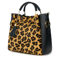 Fabiana, bőrtáska póniszőrrel, fekete/animal print kézitáska és bőrönd