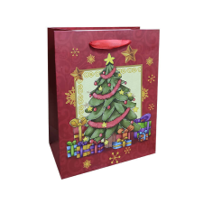 Fakopáncs Ajándéktasak - kicsi (piros alapon karácsonyfa ajándékokkal, sárga csillagokkal) ajándéktasak