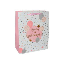 Fakopáncs Ajándéktasak - közepes (boldog szülinapot, fehér - rózsaszín kör és lufik) party kellék