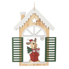 Fakopáncs Dekorációs figura (havas tetejű házikó, zöld ablakban rénszarvas) karácsonyi ablakdekoráció