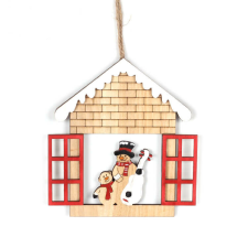 Fakopáncs Karácsonyi dekoráció (házikóban maci, hóember, piros ablakkal) karácsonyi ablakdekoráció