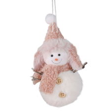Fakopáncs Karácsonyi dekoráció (plüss hóember rózsaszín sállal és fülvédős sapkával) karácsonyi dekoráció