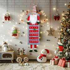 Fali adventi naptár - 3D skandináv manóval - textil - 100 x 28 cm karácsonyi dekoráció