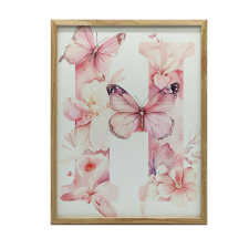 FALI PLAKÁT ROMANTIKUS H BETŰ VIRÁGAL ÉS LEPKEKKEL 40x50 CM grafika, keretezett kép