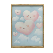  FALI PLAKÁT RÓZSASZÍN SZÍVEK FELHŐKEN SÖTÉTBARNA KERETBEN 70x100 CM grafika, keretezett kép