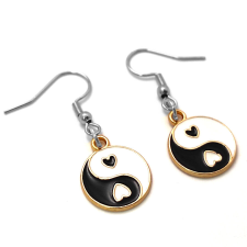  Fekete-fehér jin-jang fülbevaló ezüst színű akasztóval fülbevaló