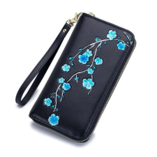  Fekete hasított bőr pénztárca kék virágos ág mintával (0855.) pénztárca
