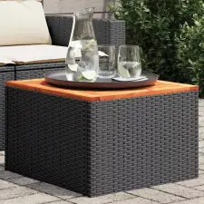  Fekete polyrattan és akácfa kerti asztal 55 x 55 x 37 cm kerti bútor