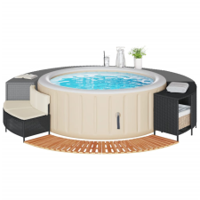 Fekete polyrattan és tömör akácfa jakuzzi-keret medence kiegészítő