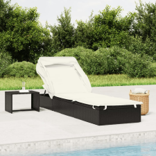 fekete polyrattan napozóágy összecsukható tetővel 213x63x97 cm kerti bútor