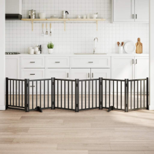  fekete tömör fa 6 paneles összecsukható kutyakapu ajtóval 300cm kutyafelszerelés