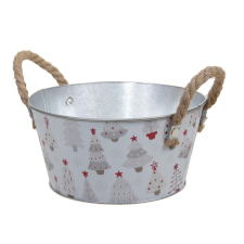  Fém kaspó kötél füllel szürke mintás D18cm M9cm dekorációs kellék