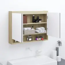  Fényes és tölgy MDF tükrös fürdőszobaszekrény 80 x 15 x 60 cm fürdőszoba bútor
