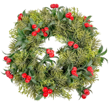  Fenyő koszorú piros bogyóval D31cm 18db/# dekorációs kellék