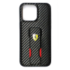 Ferrari iPhone 15 (6,1") hátlap tok, PU, carbon mintás, kitámasztható, fekete, Ferrari Grip Stand (FEHCP15SGSNCAK)