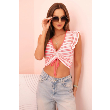 FiatalDivat Csíkos felső fodrokkal és ráncolással, 69330-as modell, neon rózsaszín blúz