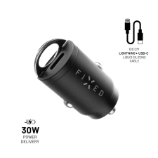 Fixed Dual USB-C Car Charger 30W + USB-C/Lightning Cable, black mobiltelefon kellék