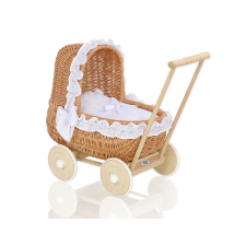  Fonott babakocsi ágyneművel fehér - natúr játék babakocsi