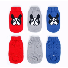  Francia bulldog fej mintás kötött kutyapulcsi, piros, M-es kutyaruha