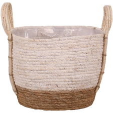 Füles kosár szalmából és tengerifűből 24 cm x 20 cm fehér kerti dekoráció