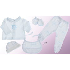 Gamberritos kiegészítő szett újszülötteknek 5 részes (sapka, kesztyű, nadrág, póló, előke) kék 10911 előke