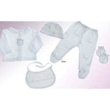 Gamberritos kiegészítő szett újszülötteknek 5 részes (sapka, kesztyű, nadrág, póló, előke) szürke 10911 előke