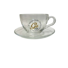 GO capuccino üveg csésze arany-fekete logóval és alj bögrék, csészék