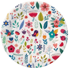 Godan Virág és madárka mintás papírtányér, fehér - 18 cm, 6 db party kellék