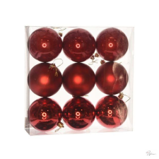  Gömb dobozban, mûanyag, 8 cm, piros, 3 féle, S/9 dekorációs kellék