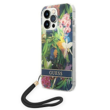 Guess GUOHCP14LHFLSB iPhone 14 Pro 6,1&quot; kék virágos keménytok szíjjal tok és táska