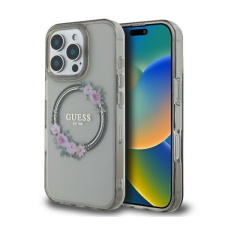 Guess IML Flowers Wreath iPhone 16 Pro MagSafe kemény hátlap tok, fekete GUHMP16LHFWFCK tok és táska