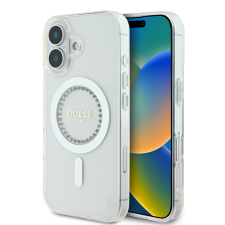 Guess IML Rhinestones MagSafe iPhone 16 kemény hátlap tok, fehér tok és táska