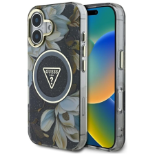 Guess IPhone 16 tok – Guess IML fém csillogó virágok háromszög MagSafe (GUHMP16SHFLPEDK) – fekete tok és táska