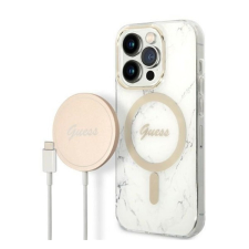 Guess Marble MagSafe Apple iPhone 14 Pro hátlap tok, fehér + MagSafe töltő tok és táska