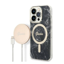 Guess Marble MagSafe Apple iPhone 14 Pro hátlap tok, fekete + MagSafe töltő tok és táska