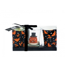 Gyertya &amp; Decor Halloween üveg gyertyatartó szett díszdobozban narancs-fekete gyertyatartó
