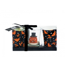 Gyertya & Decor Halloween üveg gyertyatartó szett díszdobozban narancs-fekete gyertyatartó