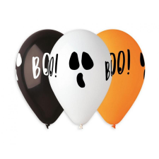 Halloween BOO léggömb, lufi 5 db-os 13 inch (30 cm) party kellék